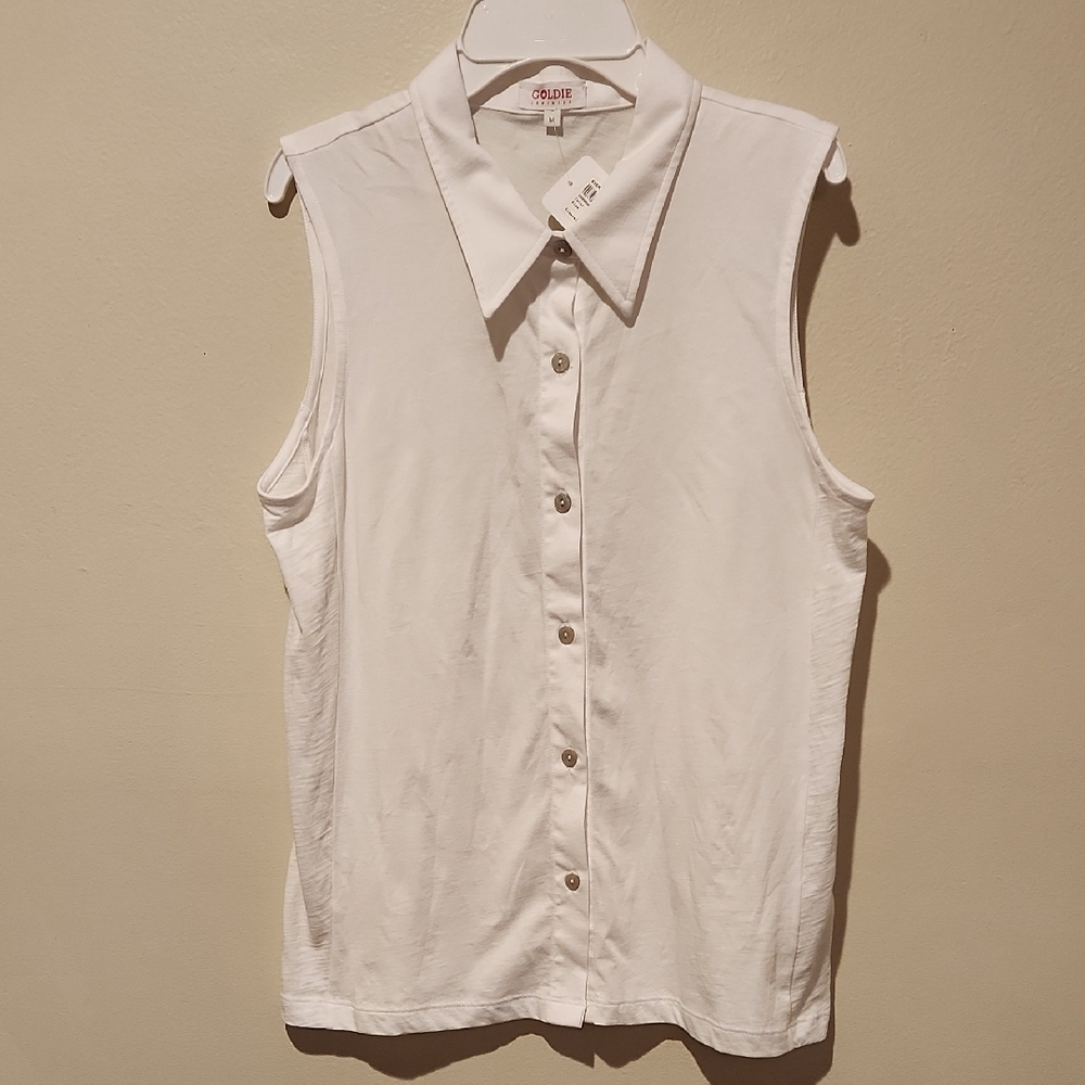 ❤️ NWT! GOLDIE LEWINTER PIMA COTTON SLEEVELESS BUTTON DOWN TOP, MEDIUM
